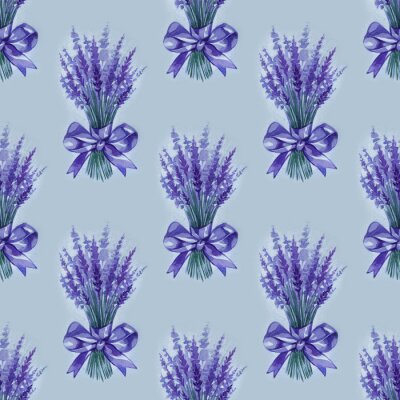 Tapete Lavender flowers purple watercolor seamless pattern. Beautiful violet lavender retro background. Elegant fabric on light background Surface pattern design.