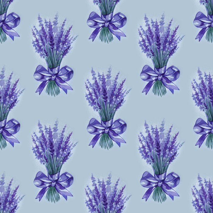 Tapete Lavender flowers purple watercolor seamless pattern. Beautiful violet lavender retro background. Elegant fabric on light background Surface pattern design.