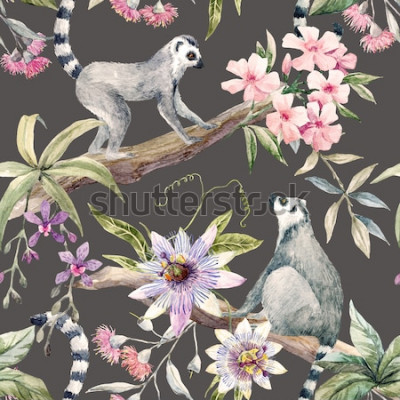 Tapete Lemuren und Blumen auf grauem Hintergrund