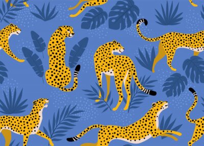 Tapete Leopard pattern with tropical leaves. Vector seamless texture.