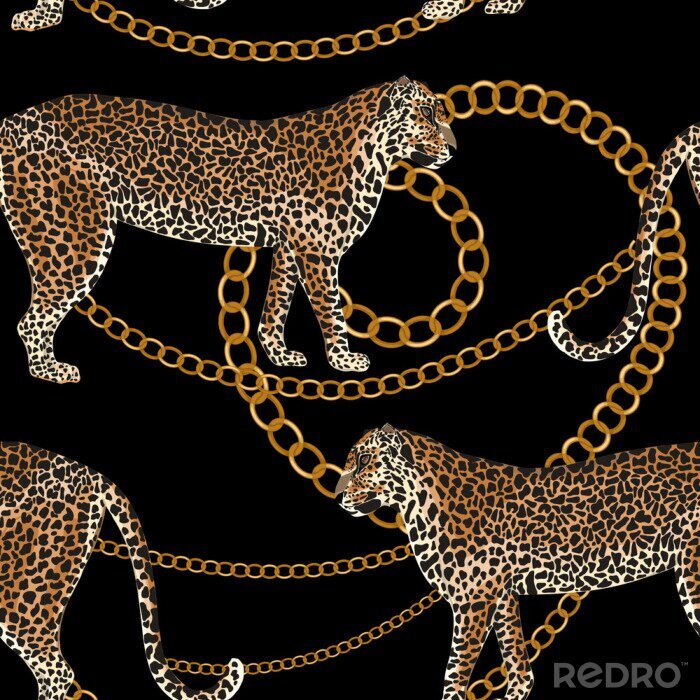 Tapete Leopard seamless pattern. Tiger skin print with gold chain. Animal background. Vector illustration