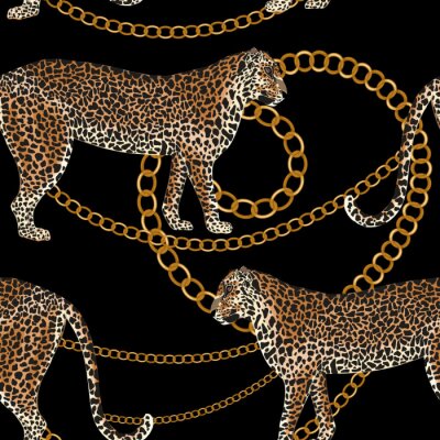 Tapete Leopard seamless pattern. Tiger skin print with gold chain. Animal background. Vector illustration