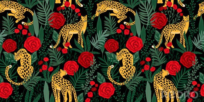 Tapete Leoparden unter Rosenbüschen
