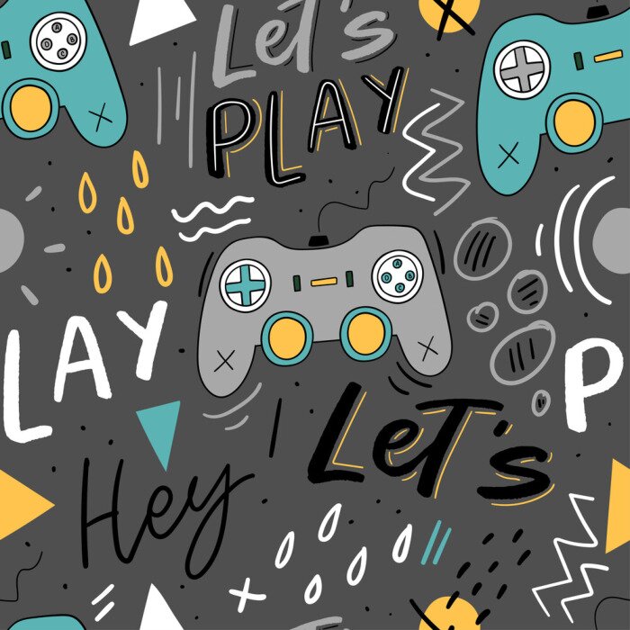 Tapete Let's play kids seamless pattern with joystick for print, textile, wallpaper. Modern illustration with hand lettering background.