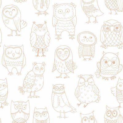 Tapete Leuchtende Eulen auf weißem Hintergrund