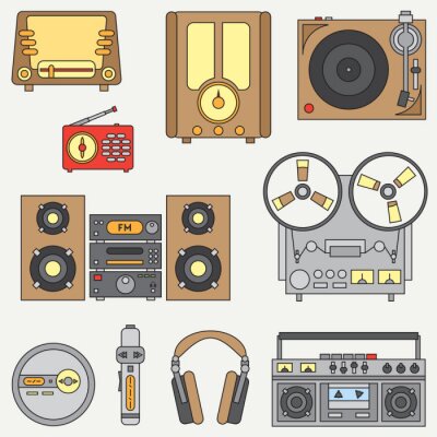 Tapete Line flachen Vektor-Icon-Set mit retro elektrischen Audio-Geräte. Analogübertragung. Musik-Fan. Zeichentrickfilm. Nostalgie musikalische Ausrüstung. Vektor-Illustration und Element für Ihr Design. Kom