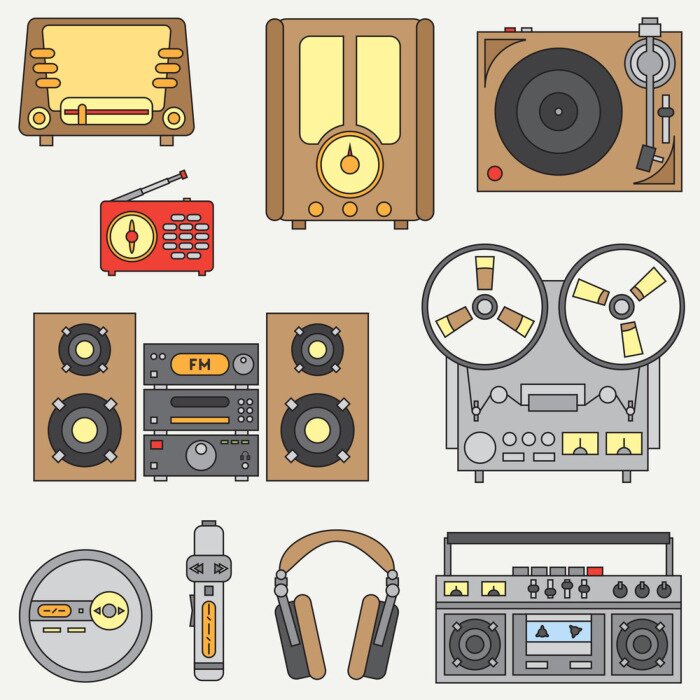 Tapete Line flachen Vektor-Icon-Set mit retro elektrischen Audio-Geräte. Analogübertragung. Musik-Fan. Zeichentrickfilm. Nostalgie musikalische Ausrüstung. Vektor-Illustration und Element für Ihr Design. Kom