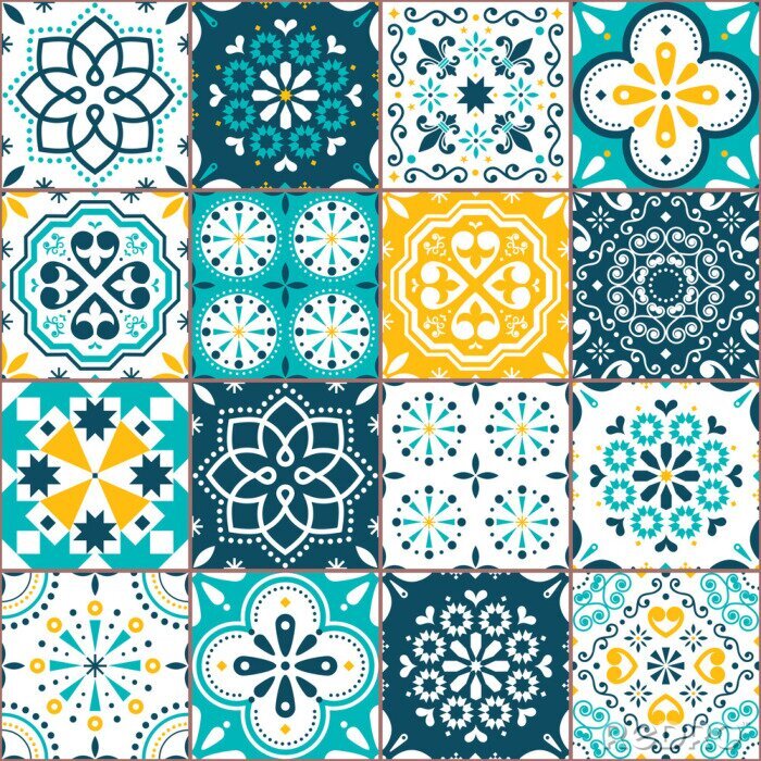 Tapete Lisbon Azujelo vector seamless tiles design - Portuguese retro pattern in turqouoise and yellow, tile big collection