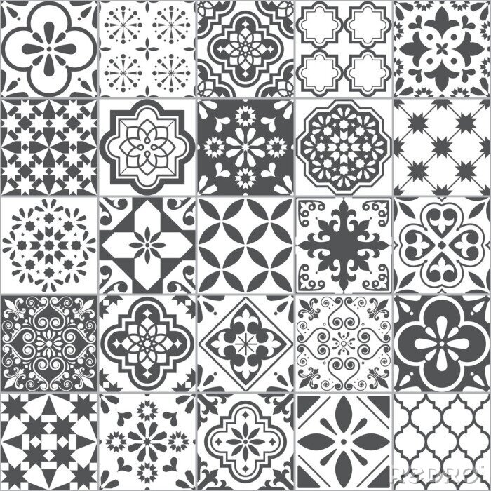 Tapete Lisbon geometric Azulejo tile vector pattern, Portuguese or Spanish retro old tiles mosaic, Mediterranean seamless gray and white design 	