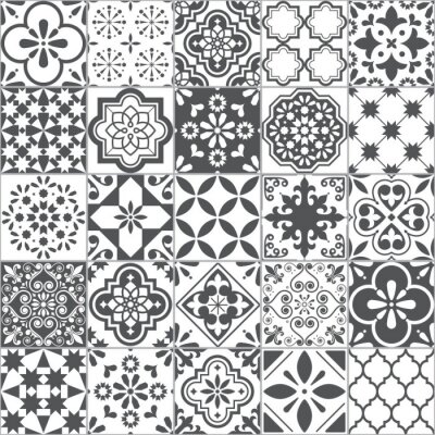 Sticker Lisbon geometric Azulejo tile vector pattern, Portuguese or Spanish retro old tiles mosaic, Mediterranean seamless gray and white design 	