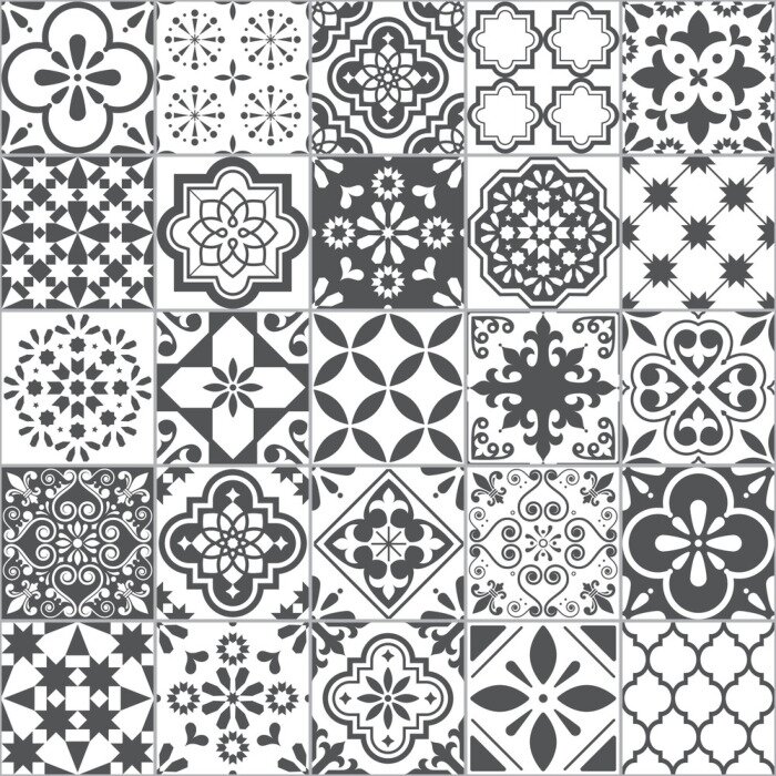 Tapete Lisbon geometric Azulejo tile vector pattern, Portuguese or Spanish retro old tiles mosaic, Mediterranean seamless gray and white design 	