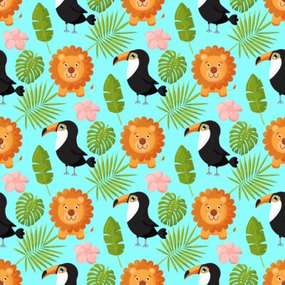 Tapete Löwen und Tukane zwischen grünen tropischen Blättern