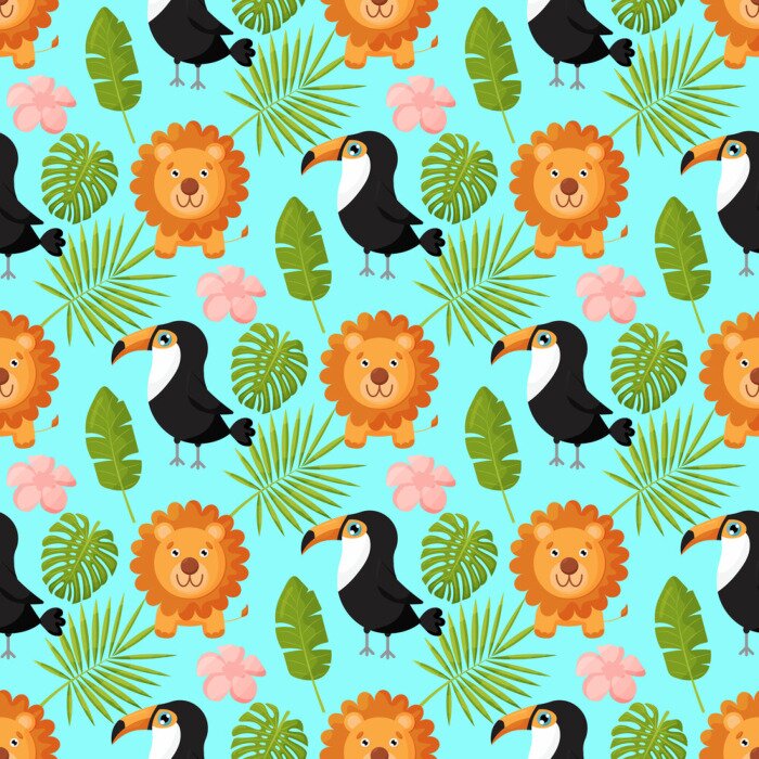 Tapete Löwen und Tukane zwischen grünen tropischen Blättern