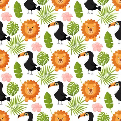 Tapete Löwen und Tukane zwischen Palmblättern