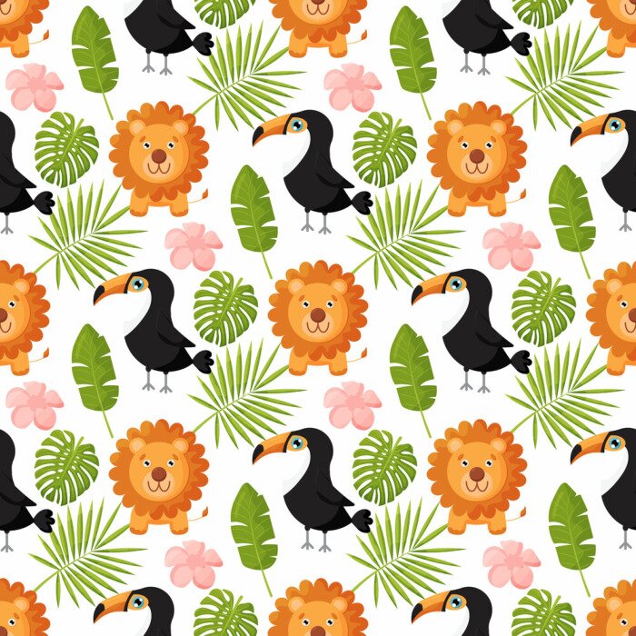 Tapete Löwen und Tukane zwischen Palmblättern
