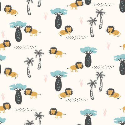 Tapete Löwen unter tropischen Pflanzen für Kinder