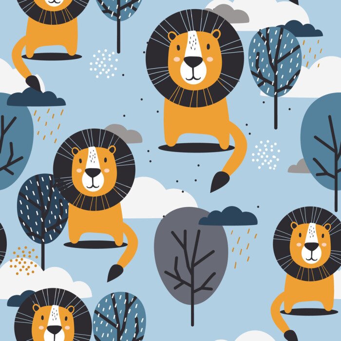 Tapete Löwen zwischen Bäumen und Wolken