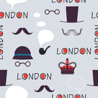 Tapete London Muster mit Hüten und Schnurr