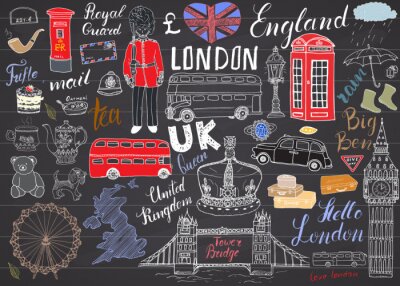 Tapete London Stadt doodles Elemente Sammlung. Hand gezeichnetes Set mit, Turmbrücke, Krone, Big Ben, königlicher Schutz, roter Bus, UK-Karte und Flagge, Teetopf, Beschriftung, Vektor-Illustration auf Tafel