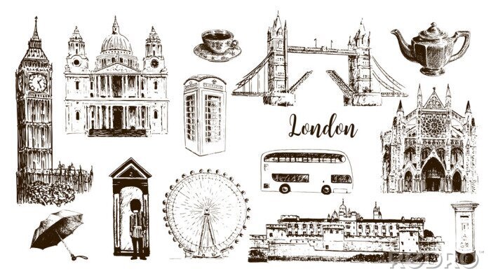 Tapete London Symbole: Big Ben, Tower Bridge, Bus, Gardist, Briefkasten, Anrufbeantworter. St. Paul Cathedral, Tee, Regenschirm, Westminster.