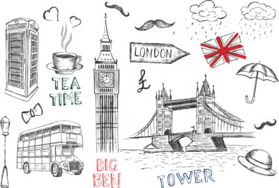 Tapete London Symbole. Gezeichnete Illustration des Vektors Hand