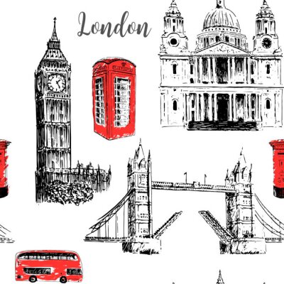 Tapete London Symbole: St. Paul Kathedrale, Big Ben und Tower Bridge. Schöne Hand gezeichnet Vektor Skizze Illustration.