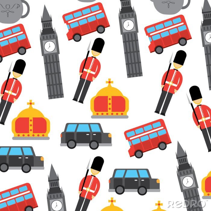 Tapete London und Vereinigtes Königreich Stadt Soldat Krone Taxi Bus Big Ben Icons Vektor