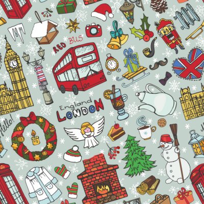 Tapete London Winter nahtlose Muster.Christmas Doodles