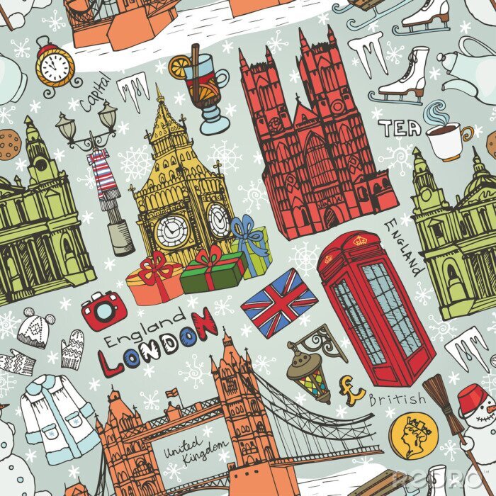 Tapete London Winter Wahrzeichen nahtlose pattern.Colored Doodles