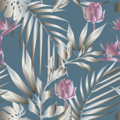 Tapete Lotusblumen umgeben von Palmblättern nahtloses Muster. Vektorillustration mit tropischen Pflanzen