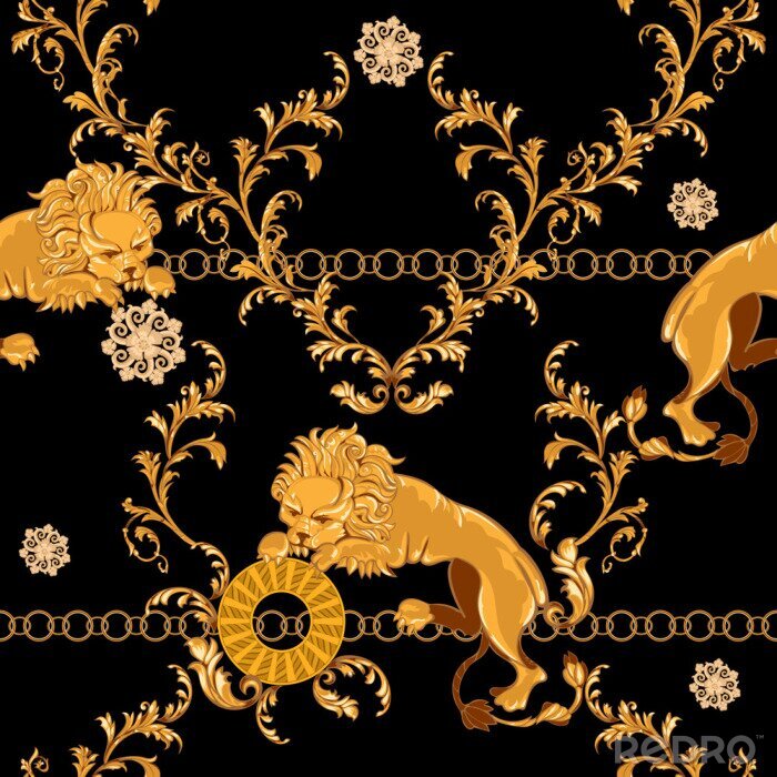 Tapete Luxuriöses Muster mit Löwen auf schwarzem Hintergrund