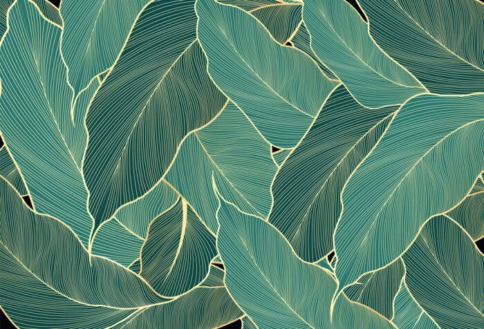 Tapete Luxury leaves wallpaper design gold and nature green background vector. Hand drawn linear golden abstract leaves. Vector Illustration