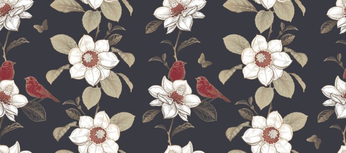 Tapete Luxury seamless pattern. Blooming magnolia tree and little cute birds.