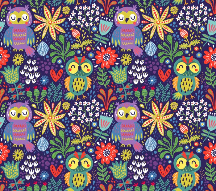 Tapete Mädchenhafte Eulen, umgeben von Blumen