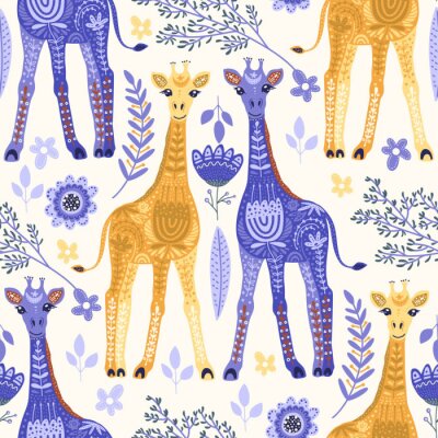 Tapete Märchengiraffen zwischen Blumen und Blättern