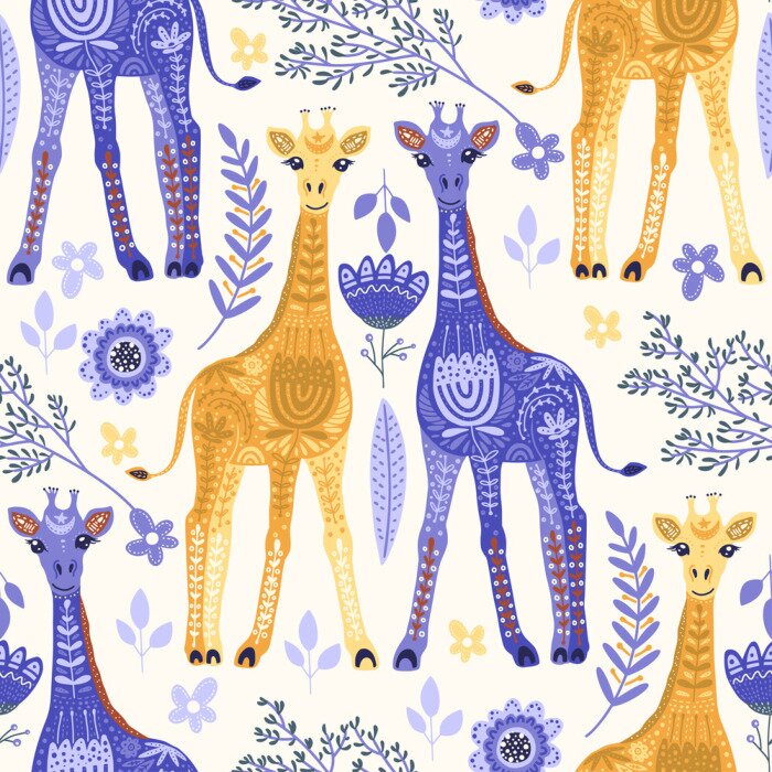 Tapete Märchengiraffen zwischen Blumen und Blättern