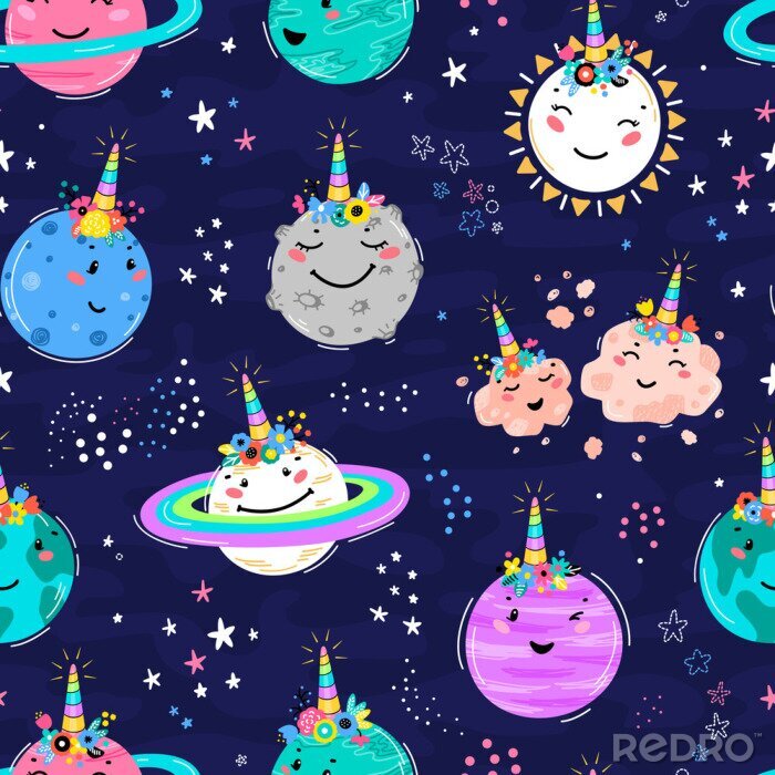Tapete Magic Unicorn Seamless Pattern with Planets, Sun, Meteorite. Cute Planet Smiling Face with Unicorn Horn and Flower Crown. Space Vector Background for Kids t-shirt Print, Nursery Design, Birthday Party