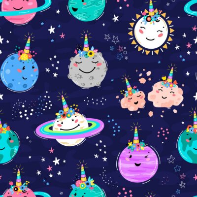 Tapete Magic Unicorn Seamless Pattern with Planets, Sun, Meteorite. Cute Planet Smiling Face with Unicorn Horn and Flower Crown. Space Vector Background for Kids t-shirt Print, Nursery Design, Birthday Party
