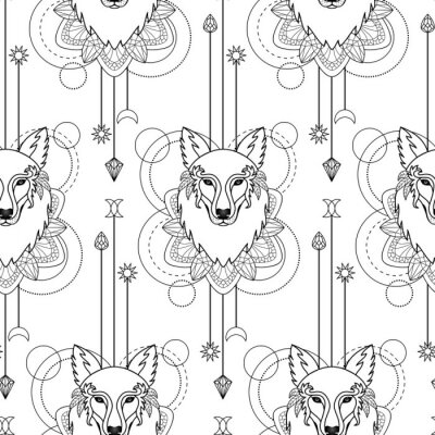 Tapete Magische geometrische Schwarz-Weiß-Wölfe