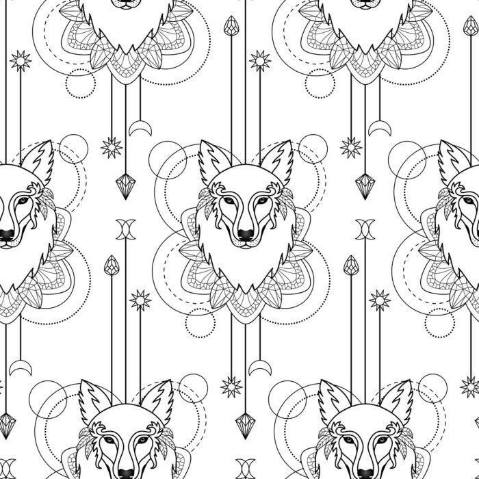 Tapete Magische geometrische Schwarz-Weiß-Wölfe