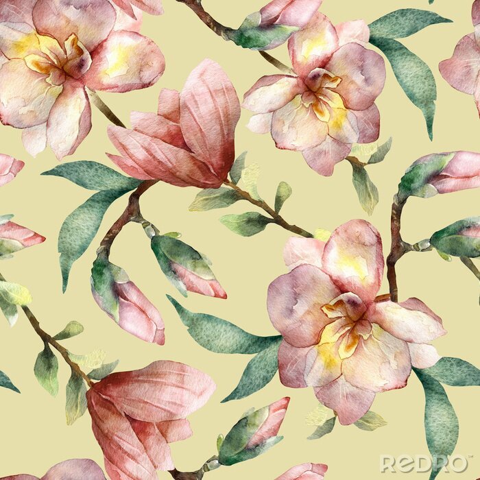Tapete magnolia pattern on olive background