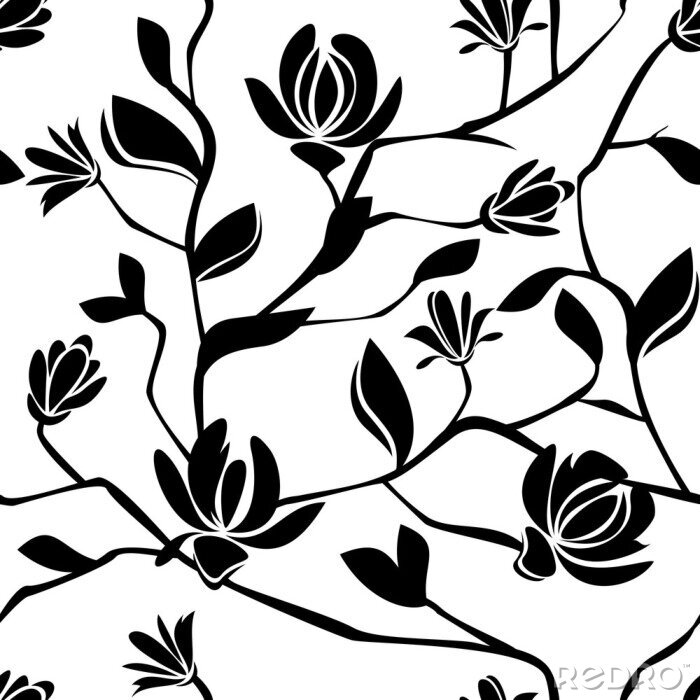 Tapete Magnolien blühen schwarz und weiß nahtlose Muster auf weißem Hintergrund.