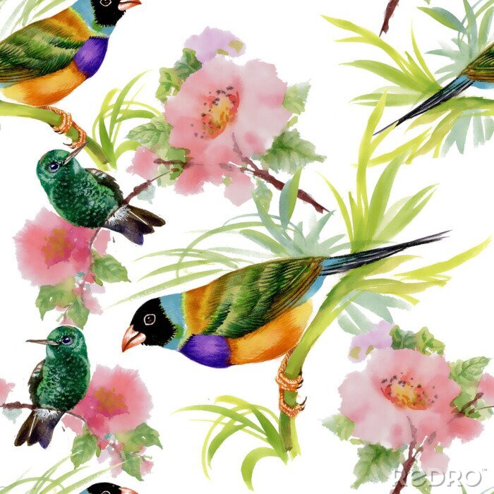 Tapete Malerische Vögel zwischen Blumen