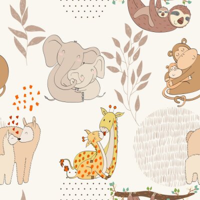 Tapete Mama und Babyelefanten, Affen und Lamas