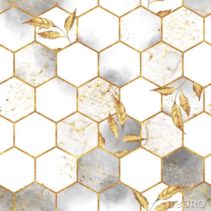 Tapete Marble hexagon seamless texture with golden leaves. Abstract background