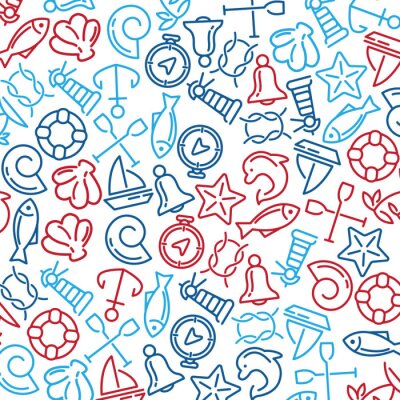 Tapete Marine-Akzente mit Muscheln, Leuchttürmen und Fischen