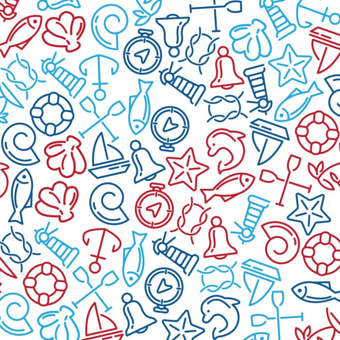 Tapete Marine-Akzente mit Muscheln, Leuchttürmen und Fischen