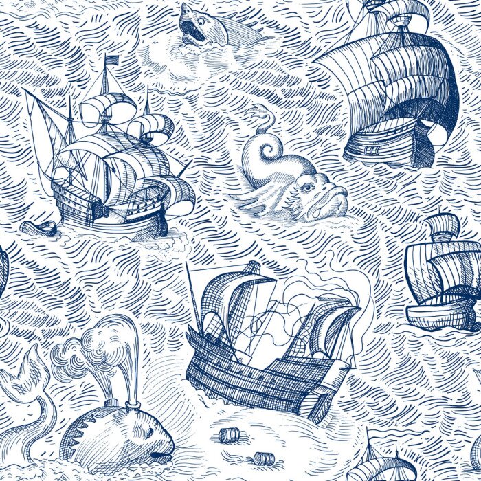 Tapete Marine map. Vintage seamless pattern with ships and monsters