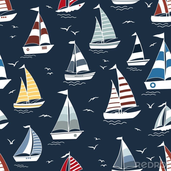 Tapete Marine seamless pattern with cartoon boats on waves