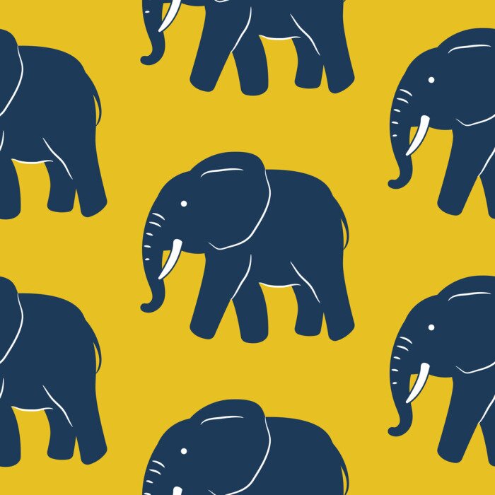 Tapete Marineblaue Elefanten auf gelbem Hintergrund
